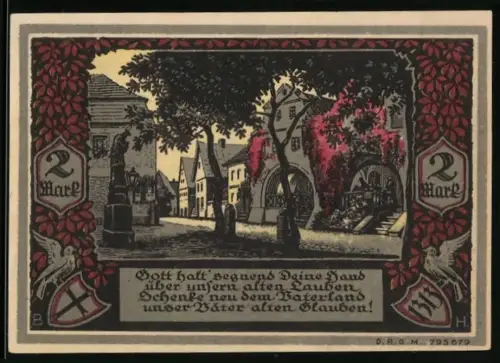 Notgeld Bolkenhain i. Schl., 2 Mark, Ortsansicht mit Burg und historischem Brunnen