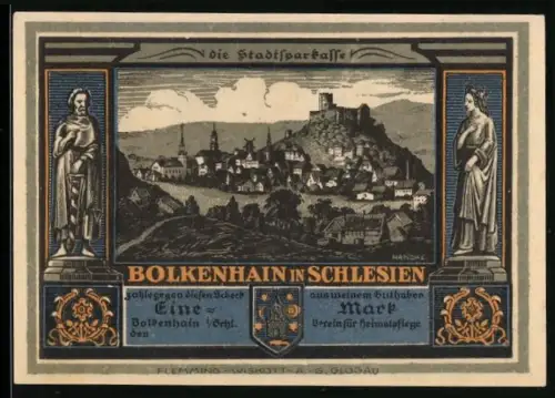 Notgeld Bolkenhain in Schlesien, 1 Mark, Ortsansicht mit Burg und Rittern
