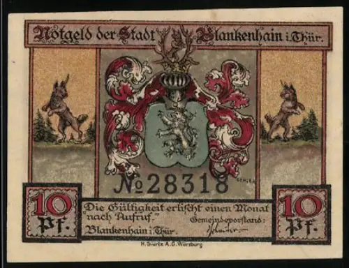 Notgeld Blankenhain i. Thür., 10 Pf, Wappen und Jagdszene im Wald bei Mondschein
