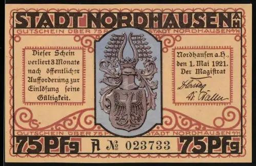 Notgeld Nordhausen a. H. 1921, 75 Pfennig, Wappen und humoristische Darstellung mit Skelett und Fass