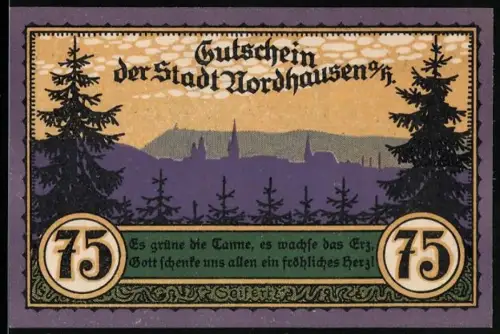 Notgeld Nordhausen a. H. 1921, 75 Pfennig, Der wilde Mann mit Landschaft und Bäumen