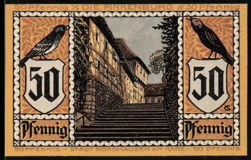 Notgeld Nordhausen a. H. 1921, 50 Pfennig, Finkenburg und Rolandfigur