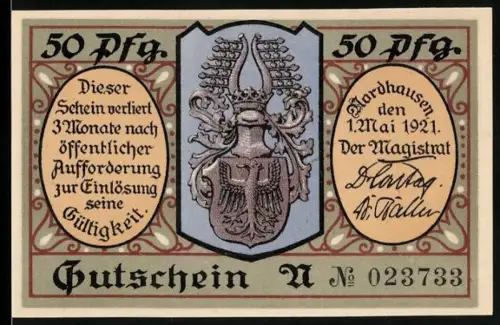 Notgeld Nordhausen a. H. 1921, 50 Pfennig, Wappen und lächelnder Mann mit Tabakspfeife