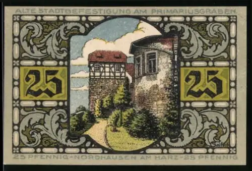 Notgeld Nordhausen am Harz 1921, 25 Pfennig, Stadtbefestigung und Ritterfigur Der Riese