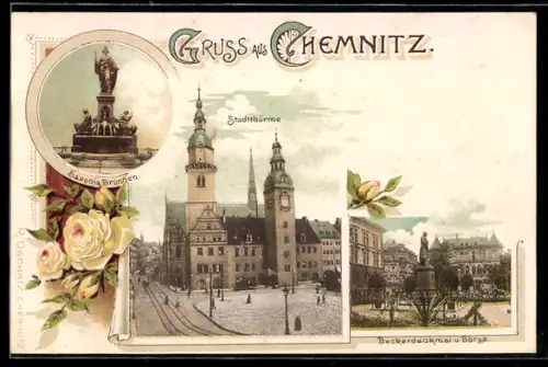 Lithographie Chemnitz, Stadttürme, Saxonia-Brunnen, Beckerdenkmal u. Börse