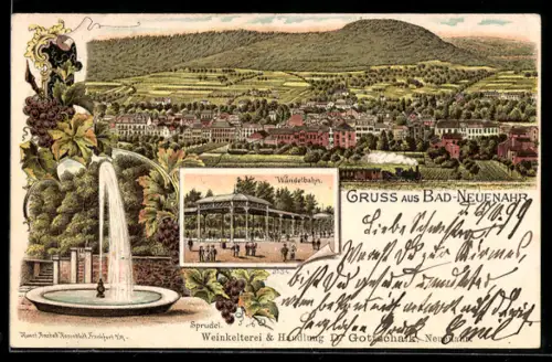 Lithographie Bad Neuenahr, Sprudel, Wandelbahn, Ortsansicht, Weinkelterei & Handlung Dr. Gottschalk