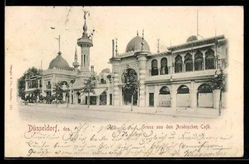 AK Düsseldorf, Arabisches Café, Panorama mit Strasse