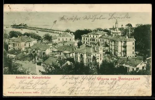 AK Heringsdorf, Ortsansicht mit Kaiserbrücke und Seeblick aus der Vogelschau