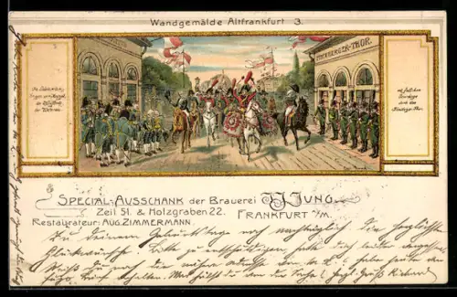 Lithographie Frankfurt a. M., Wandgemälde Festzug am Friedbergerthor, Gaststätte A. Zimmermann, Zeil 51, Brauerei Jung