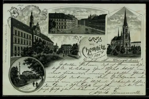 Mondschein-Lithographie Chemnitz, Rathaus u. Börse, Johannisplatz, Theater m. Siegesdenkmal