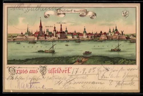 Lithographie Düsseldorf, Stadtpanorama mit Rhein anno 1650, Boote, Wappen