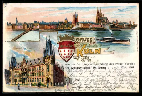 Lithographie Köln, Rheinpanorama, Kaiserliche Post, Wappen