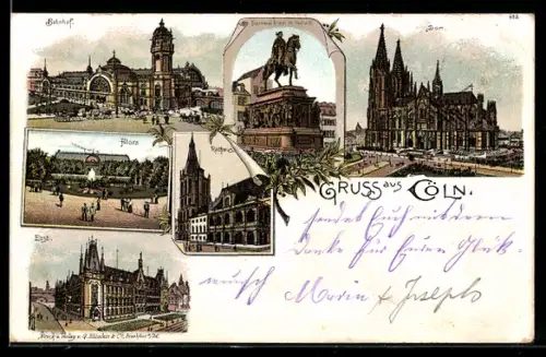 Lithographie Köln, Dom, Bahnhof, Flora, Rathaus, Denkmal Friedrich Wilhelm III