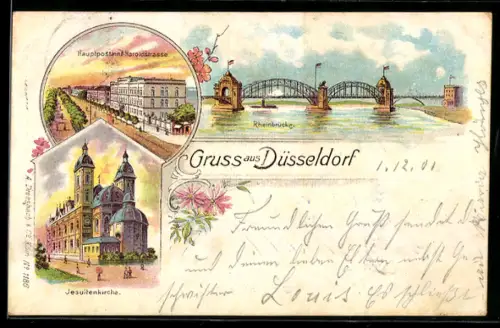 Lithographie Düsseldorf, Hauptpostamt Haroldstrasse, Rheinbrücke, Jesuitenkirche