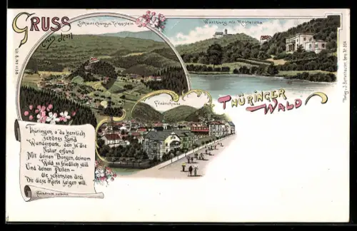 Lithographie Friedrichroda, Schwarzburg u. Trippstein, Wartburg mit Reutervilla, Ortsansicht
