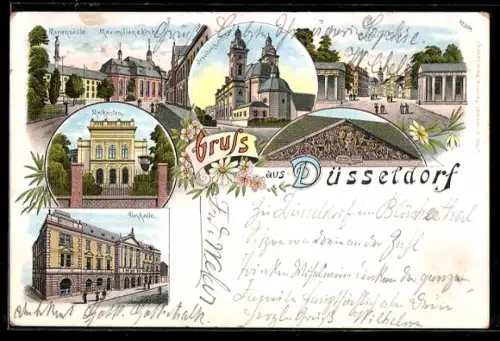 Lithographie Düsseldorf, Tonhalle, Mariensäule u. Maximilianskirche, Malkastenhaus