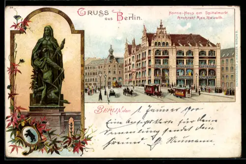 Lithographie Berlin, Hansa-Haus am Spittelmarkt, Statue, Strassenbahnen, Wappen