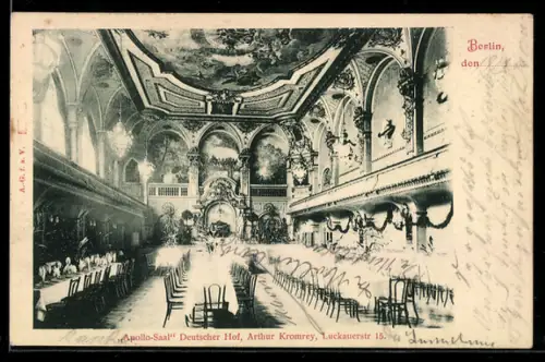 AK Berlin, Gaststätte Deutscher Hof Arthur Kromrey, Luckauerstr. 15, Apollo-Saal