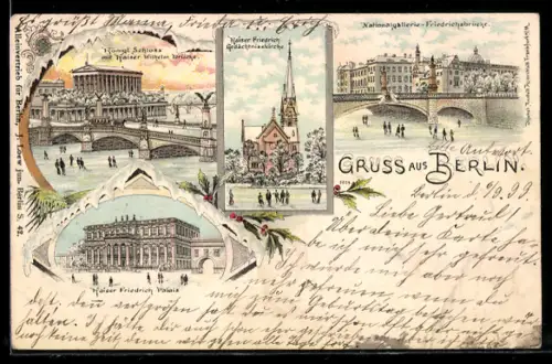 Winter-Lithographie Berlin, Königl. Schloss mit Brücke u. Schlittschuhläufern, Kaiser Friedrich Gedächtniskirche