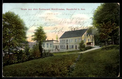 AK Neudörfel b. Aue, Restaurant Waldfrieden mit grüner Umgebung