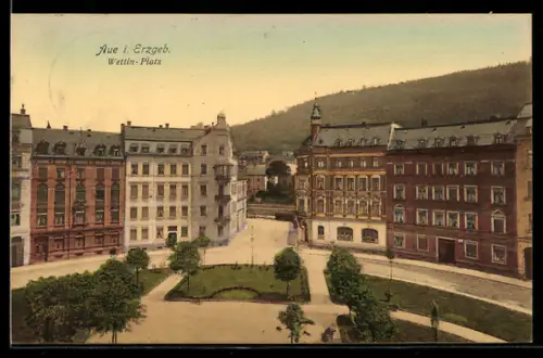 AK Aue i. Erzgeb., Wettin-Platz an der Wettinstrasse aus der Vogelschau