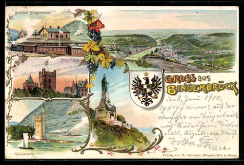 Lithographie Bingerbrück, Bahnhof, Burg Klopp, Mäuseturm, Niederwalddenkmal