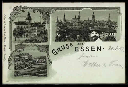 Lithographie Essen, Alfredusbad, Villa Hügel, Stadtpanorama