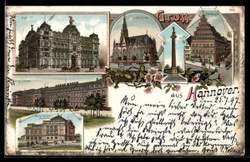 Lithographie Hannover, Post, Christuskirche, Alte Kanzlei, Kgl. Schloss