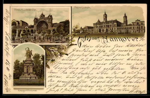 Lithographie Hannover, Polytechnikum, Tivoli-Musikpavillon, Kriegerdenkmal