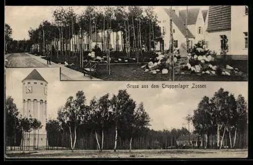 AK Zossen, Truppenlager, Wasserturm, Kasernengebäude mit Strasse