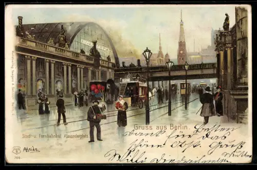 Lithographie Berlin, Stadt- und Fernbahnhof Alexanderplatz, Strassenbahn, Ballonverkäufer, Kirche, Passanten