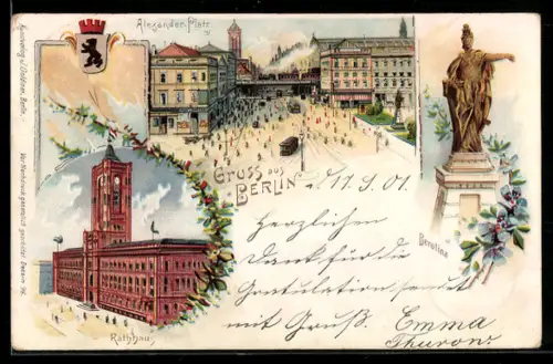 Lithographie Berlin, Alexanderplatz, Rathaus, Berolina