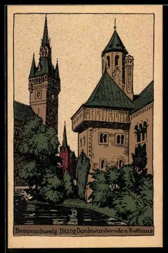 Steindruck-AK Braunschweig, Burg Dankwarderode u. Rathaus