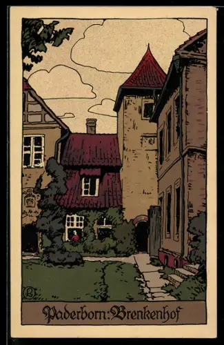 Steindruck-AK Paderborn, Brenkenhof, mit Turm