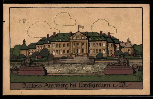 Steindruck-AK Nordkirchen i. W., Schloss Arenberg mit Schwanenteich u. Skulpturen