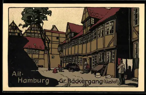Steindruck-AK Hamburg, Gr. Bäckergang (Glashof), Alt-Hamburg