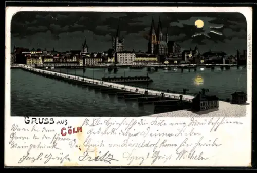 Lithographie Köln, Rheinpanorama mit Dom und Hohenzollernbrücke bei Vollmond