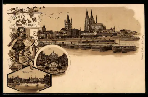 Lithographie Köln a. Rhein, Rheinpanorama mit Dom, Flora, Volksgarten, Zeremonienmeister mit Wappen