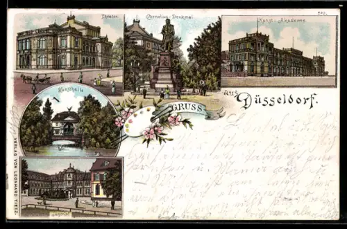 Lithographie Düsseldorf, Theater, Cornelius-Denkmal, Kunsthalle, Jägerhof