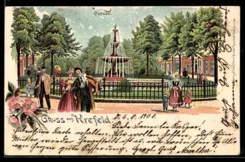 Lithographie Krefeld, Ostwall, Partie mit Spaziergängern, Brunnen und Gebäude