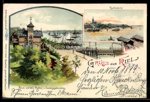 Lithographie Kiel, Hafenbild, Hafen u. Landungsbrücken