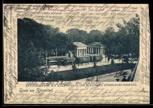 AK Düsseldorf, Ratinger Thor mit Haltestelle der Kleinbahn Düsseldorf-Krefeld