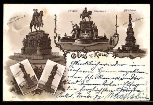 Lithographie Köln, Denkmäler Kaiser Wilhelm I., Friedrich Wilhelm III., Jan von Werth