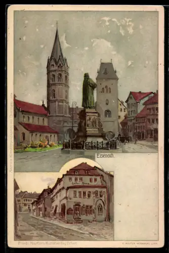 Lithographie Eisenach, Kirche, Lutherhaus