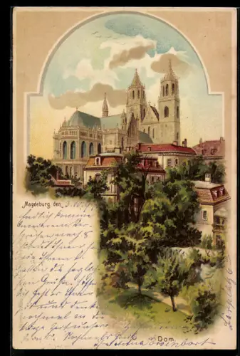 Lithographie Magdeburg, Blick zum Dom
