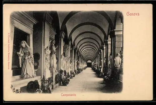 AK Genova, Camposanto, vista del colonnato con statue