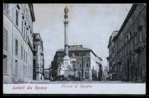 AK Roma, Piazza di Spagna, monumento con colonna e edifici storici circostanti