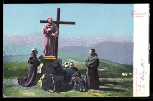 AK Sorrento, Il Deserto, frati in preghiera davanti a una statua con croce