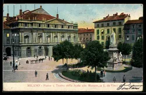 AK Milano, Piazza e Teatro della Scala con Monumento a L. da Vinci