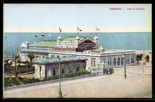 AK Genova, Lido d`Albaro, Veduta del palazzo sul mare con bandiere e palme